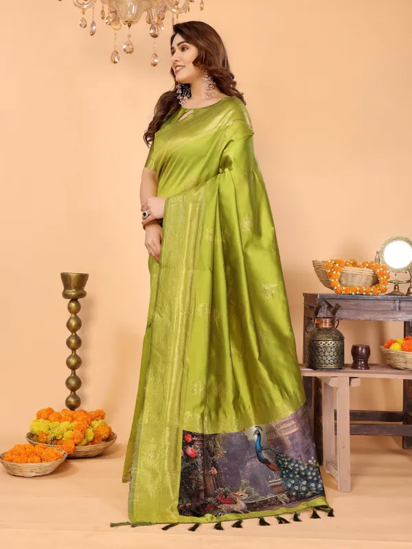 Lime_Green_Banarasi_Silk_Saree_With_Golden_Zari_Weaving_Peacock_Digital_Print_Pallu_Festive_Elegant_Occasion_Wear