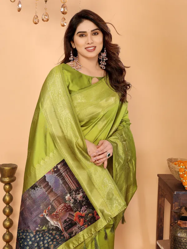 Lime_Green_Banarasi_Silk_Saree_With_Golden_Zari_Weaving_Peacock_Digital_Print_Pallu_Festive_Elegant_Occasion_Wear