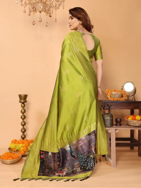 Lime_Green_Banarasi_Silk_Saree_With_Golden_Zari_Weaving_Peacock_Digital_Print_Pallu_Festive_Elegant_Occasion_Wear