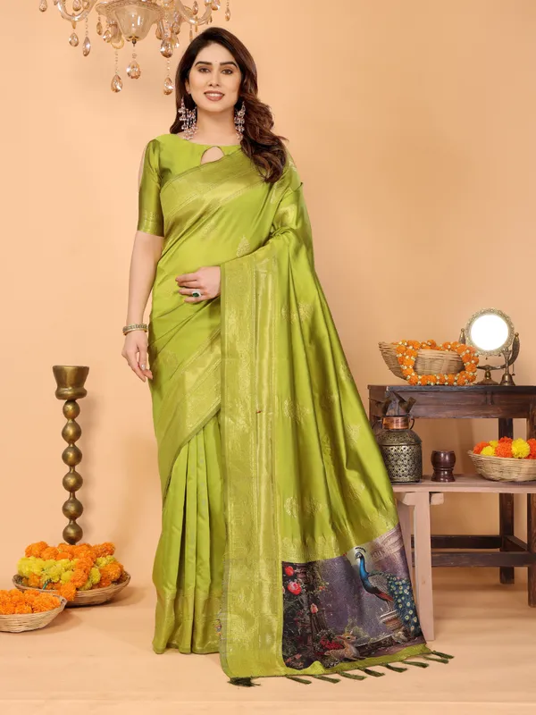 Lime_Green_Banarasi_Silk_Saree_With_Golden_Zari_Weaving_Peacock_Digital_Print_Pallu_Festive_Elegant_Occasion_Wear
