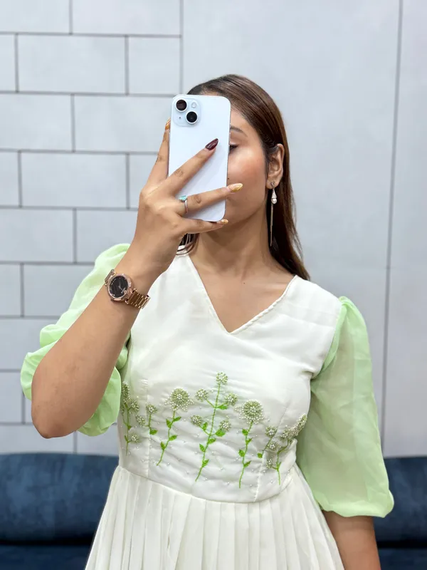 Pista_Green_Georgette_Maxi_Dress_Handcrafted_Beads_Kardana_Comfortable_Cotton_Lining