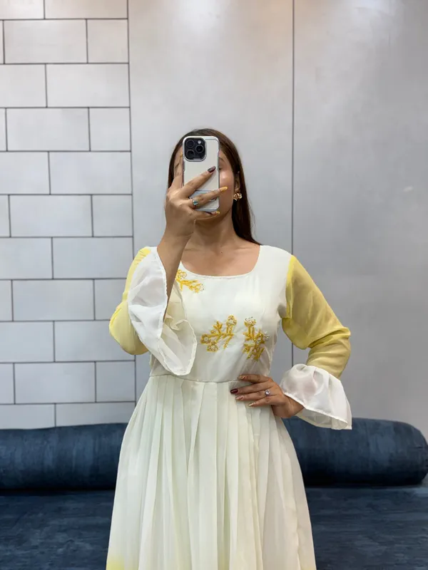 Sunshine_Yellow_Georgette_Maxi_Dress_Handcrafted_Beads_Kardana_Comfortable_Cotton_Inner