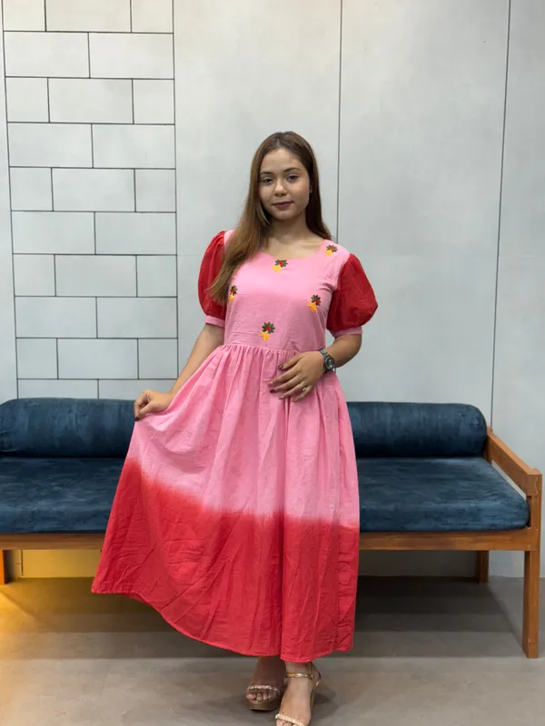 Pink_Red_Ombre_Mul_Cotton_Flared_Dress_With_Puff_Sleeves_And_Floral_Embroidery