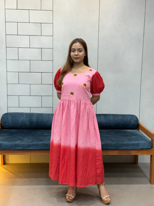 Pink_Red_Ombre_Mul_Cotton_Flared_Dress_With_Puff_Sleeves_And_Floral_Embroidery