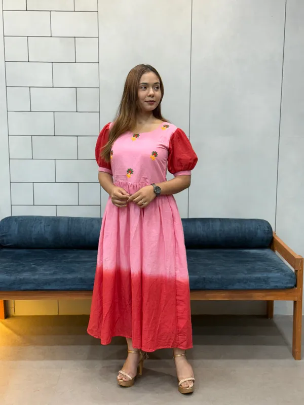 Pink_Red_Ombre_Mul_Cotton_Flared_Dress_With_Puff_Sleeves_And_Floral_Embroidery