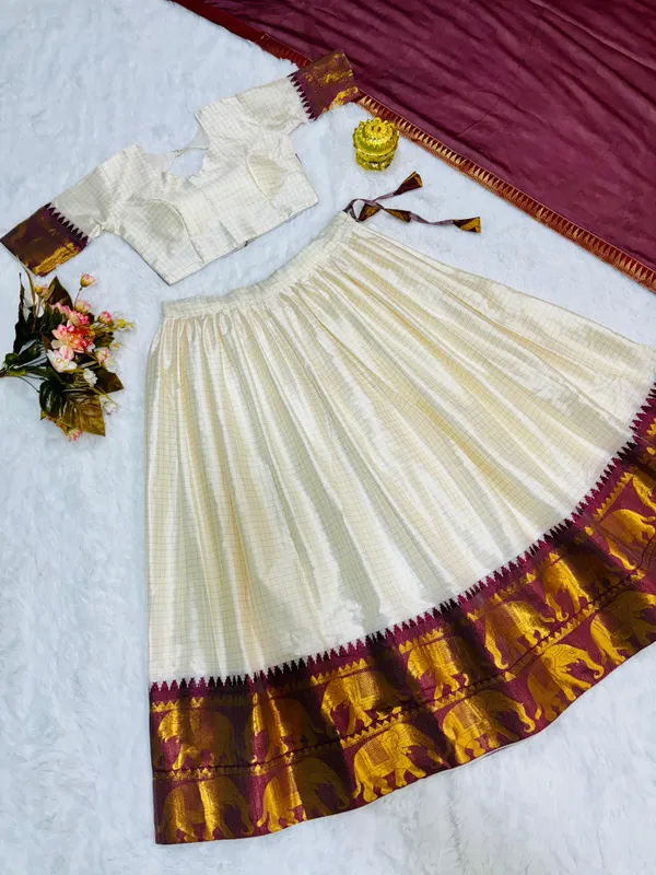 Elegant_Elephant_White_Checks_Silk_Lehenga_Light_Shades_To_Complement_To_Create_Beautiful_Aura_In_All_Function
