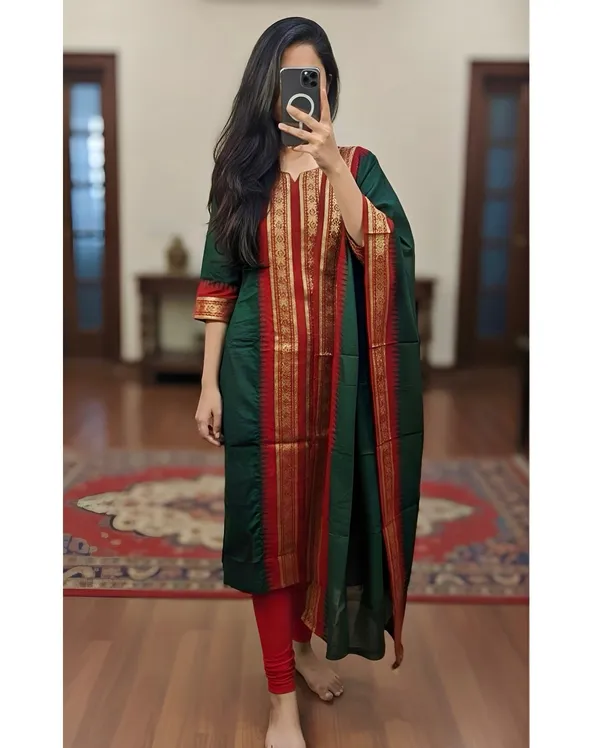Pure_Kanchi_Cotton_Kurti_With_Dupatta_Green