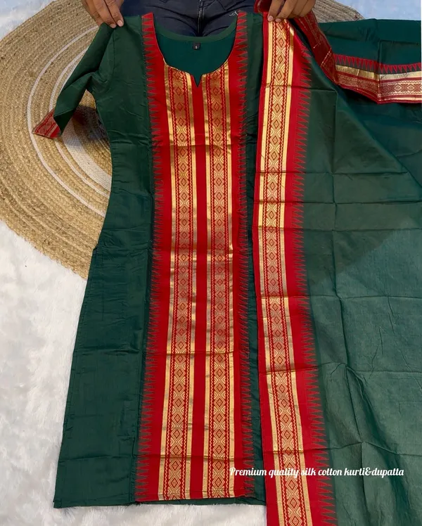 Pure_Kanchi_Cotton_Kurti_With_Dupatta_Green