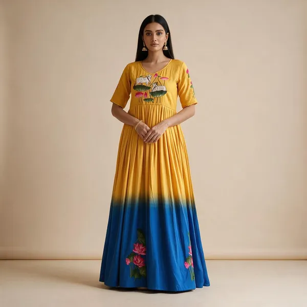 Mustard_Yellow_Royal_Blue_Ombre_Muslin_Anarkali_Gown_With_Lotus_Print_Khatli_Hand_Work