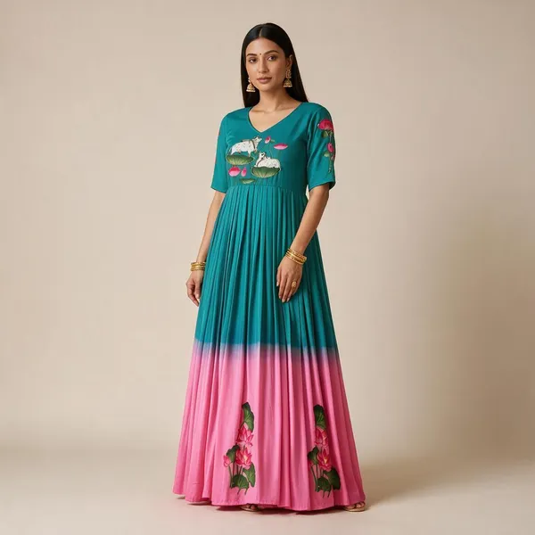 Designer_Peacock_Green_To_Pink_Ombre_Muslin_Gown_With_Lotus_Motif_Print_Hand_Khatli_Work
