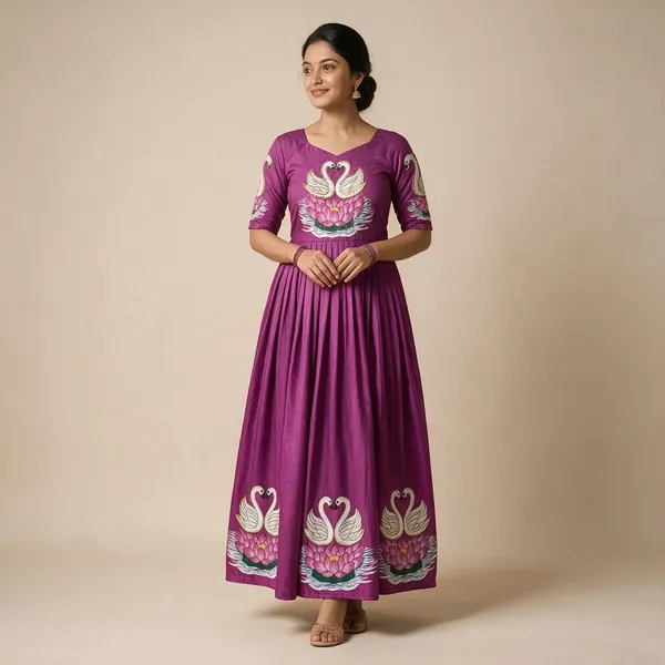 Magenta_Muslin_Silk_Gown_With_Swan_Print_Intricate_Khatli_Hand_Work