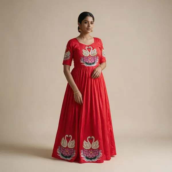 Radiant_Red_Muslin_Gown_With_Artisanal_Swan_Khatli_Hand_Work