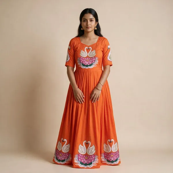 Radiant_Orange_Muslin_Gown_With_Hand_Painted_Swan_Khatli_Art