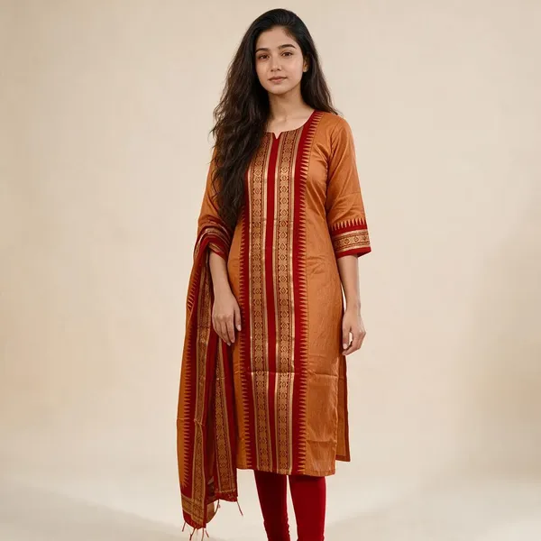 Pure_Kanchi_Cotton_Kurti_With_Dupatta_Orange