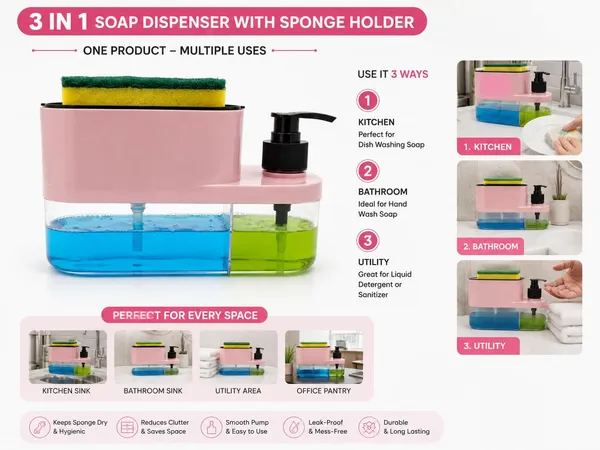 3_In_1_Soap_Dispenser_With_Sponge_Holder_Kitchen_Sink_Organiser_Pink