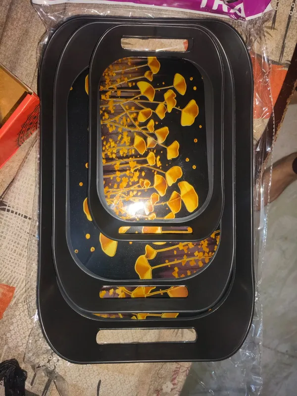 Plasting_Serving_Tray_Set_of_3,_Black_with_Golden_Floral_Print