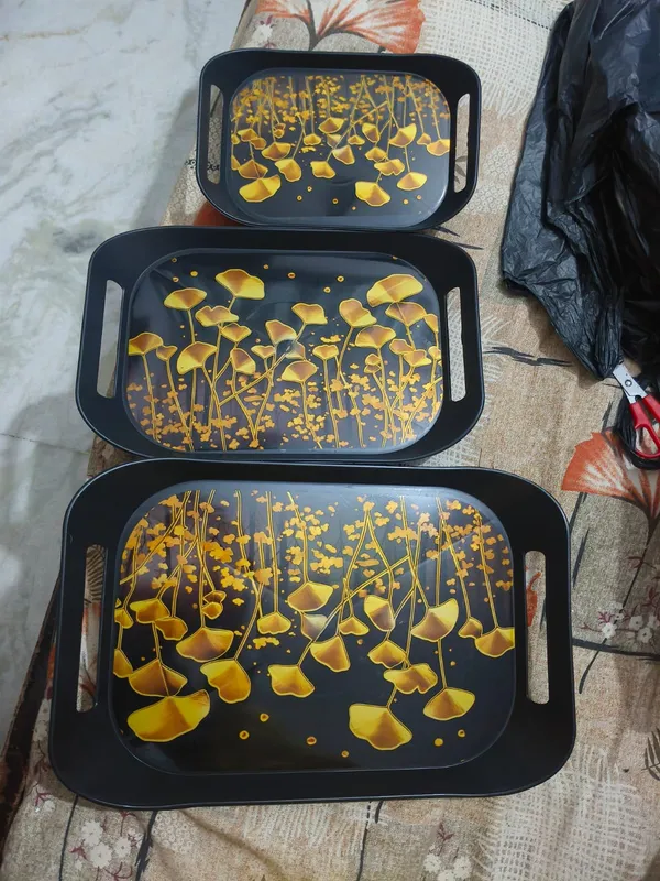 Plasting_Serving_Tray_Set_of_3,_Black_with_Golden_Floral_Print