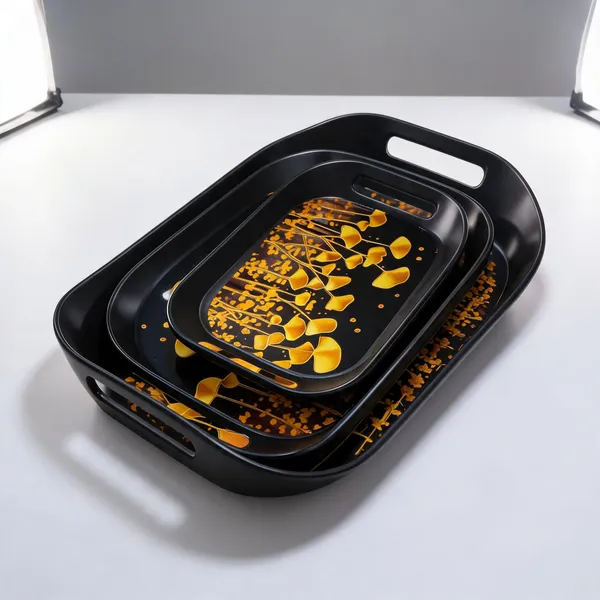 Plasting_Serving_Tray_Set_of_3,_Black_with_Golden_Floral_Print