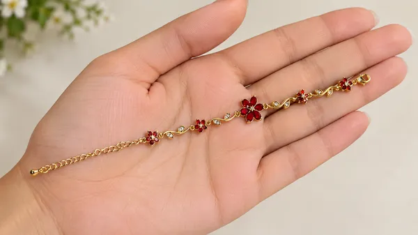 Gold_Red_and_Orange_Stone_Anti_Tarnish_Floral_Chain_Bracelet_For_Women
