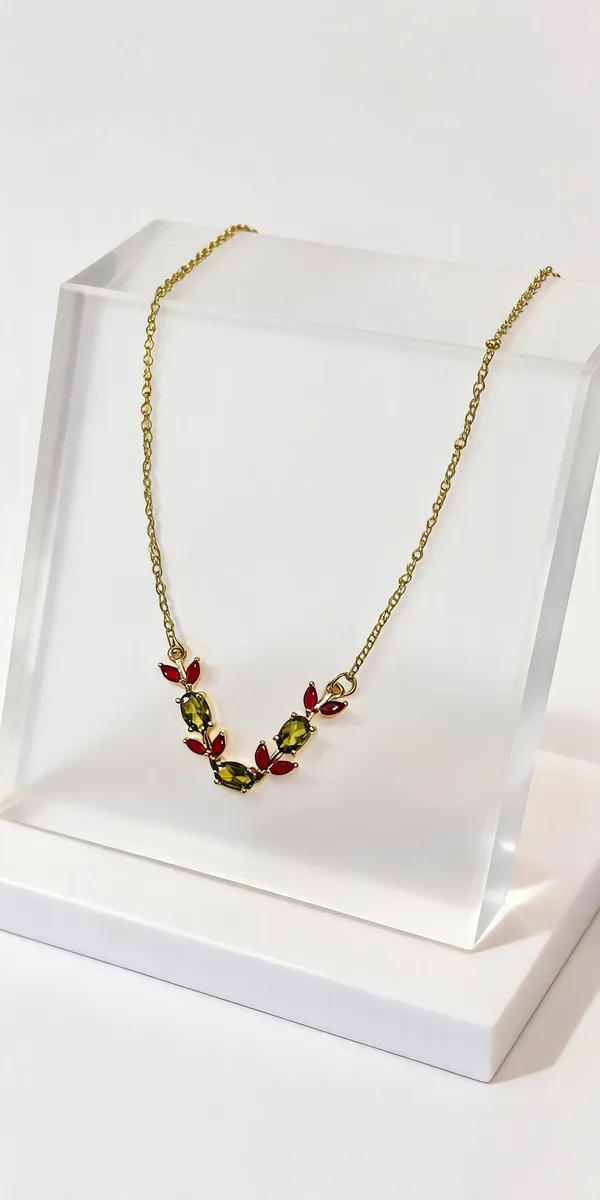 Gold_Tone_Red_Green_Stone_Floral_Tulip_Necklace_For_Women