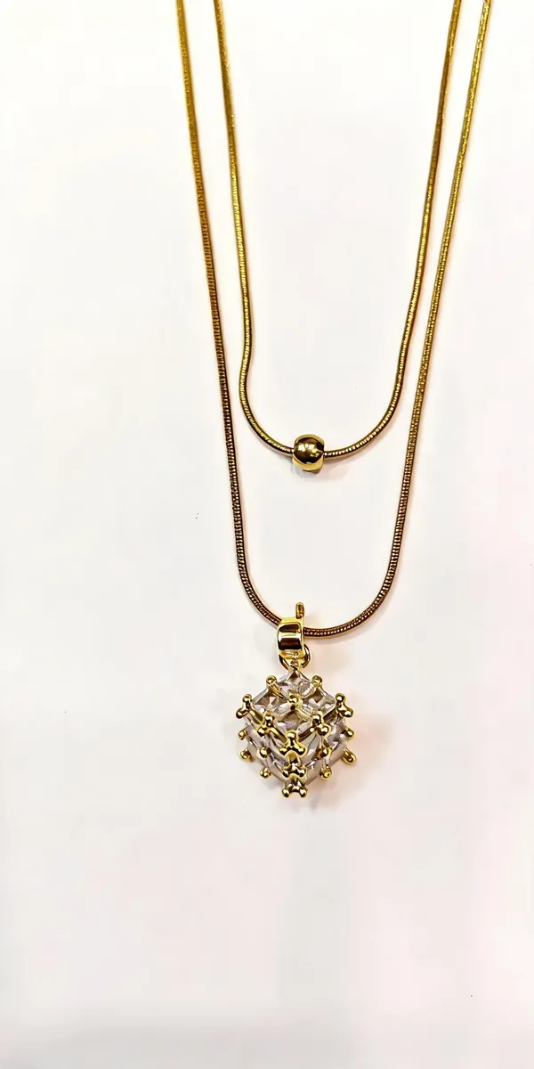 Gold_Tone_Layered_Double_Chain_Cube_Pendant_Necklace_For_Women