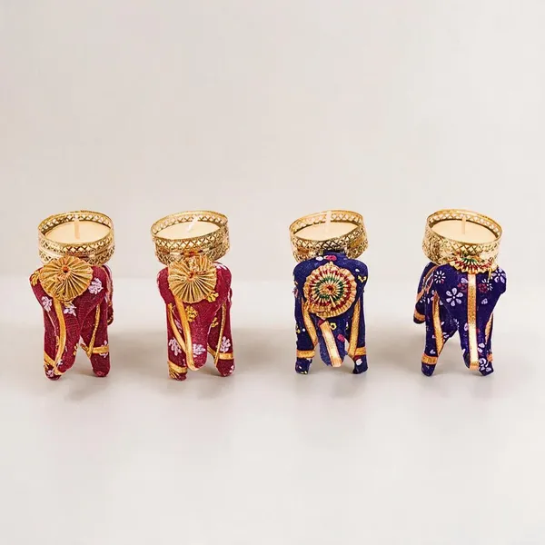Fabric_Metal_Festive_Blue_Red_Elephant_Tealight_Holder_Set_Of_4