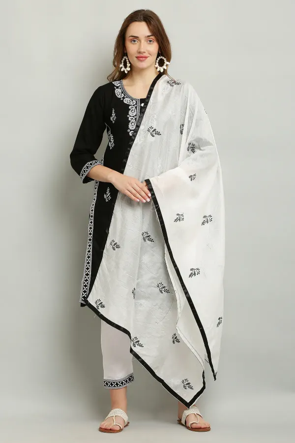Black_Rayon_Kurti_With_Dupatta_And_Bottom_Wear_3_Piece_Set_For_Women