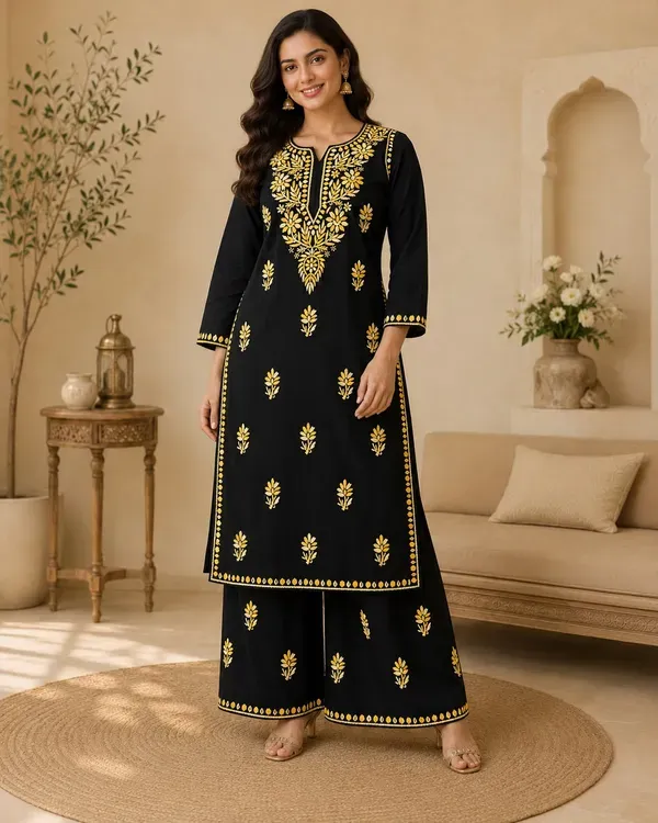 Black_Yellow_Traditional_Chikankari_Work_Kurta_Set
