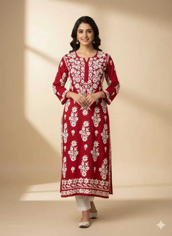 Red_Chikankari_Premium_Modal_Straight_Kurta