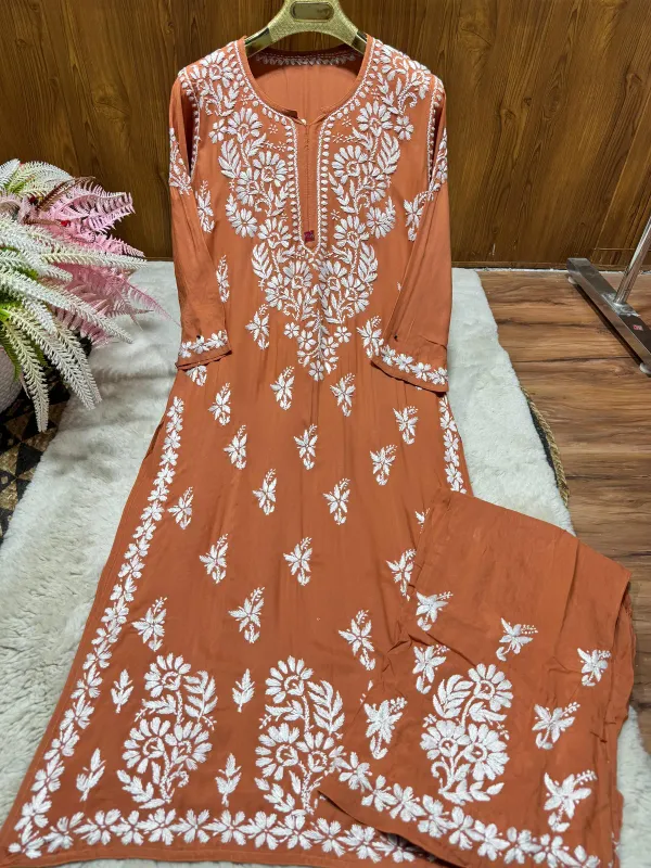 Peach_Chikankari_Beautiful_Heavy_Work_Rayon_Plazzo_Set