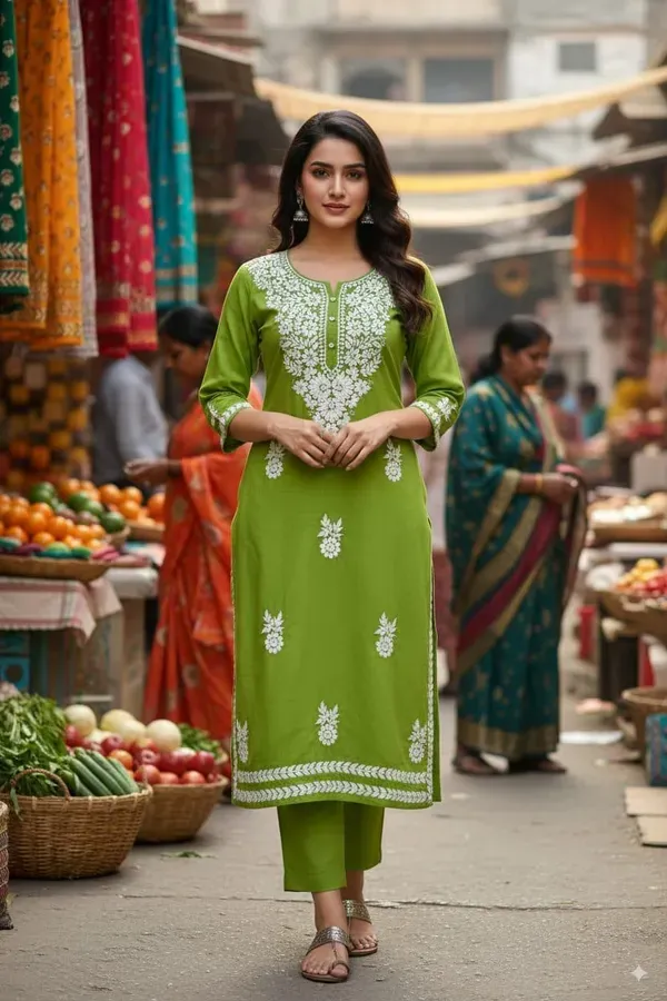 Mehndi_Floral_Embroidered_Regular_Chikankari_Kurta_With_Trousers