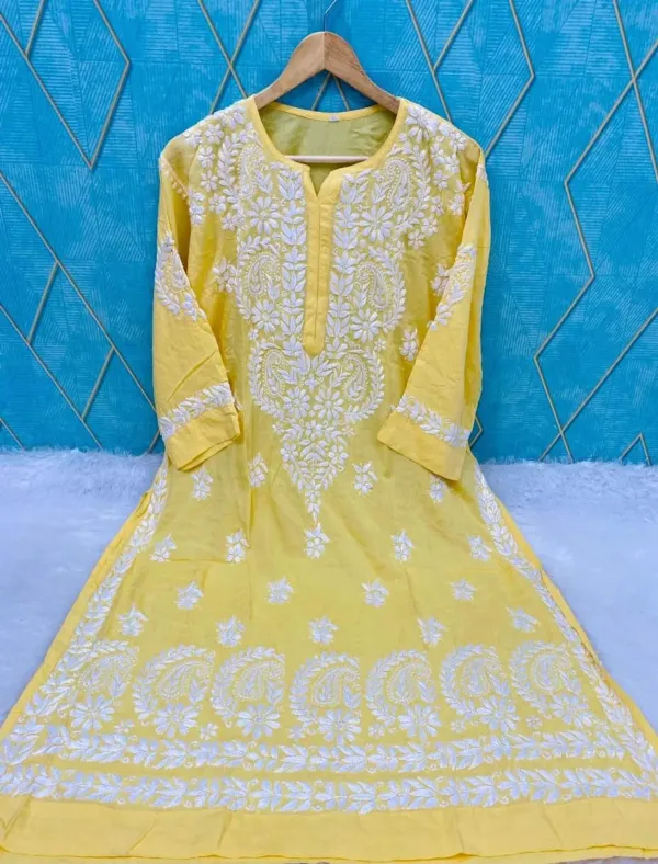 Yellow_Rayon_Cotton_Chikankari_Embroidery_Work_Kurti