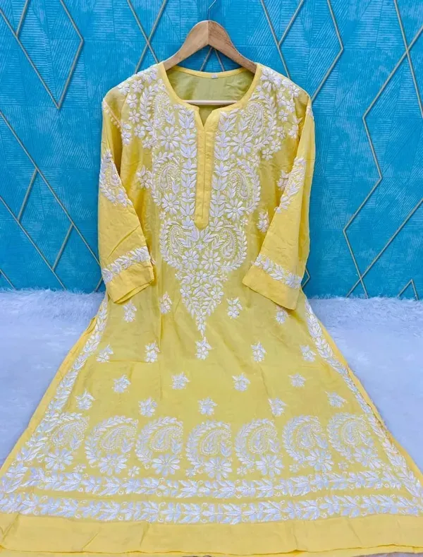 Yellow_Rayon_Cotton_Chikankari_Embroidery_Work_Kurti