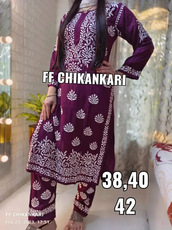 Wine_Women_Embroidery_Chikankari_Kurti_Plazzo_Set