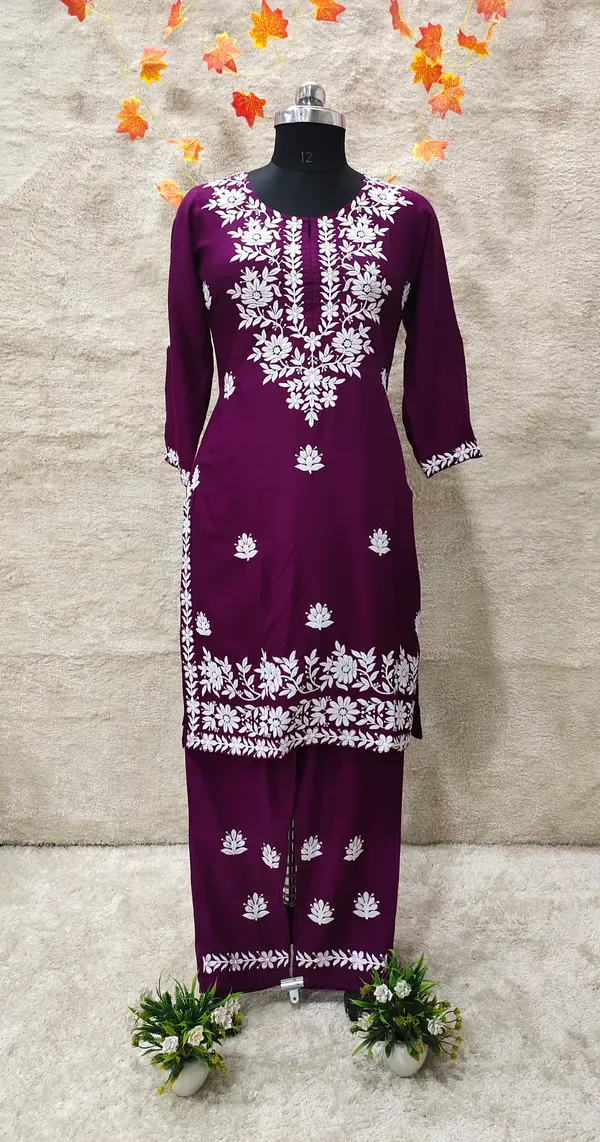 Wine_Women_Embroidery_Chikankari_Kurti_Plazzo_Set