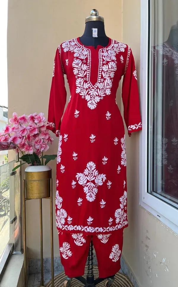 Red_Chikankari_Reyon_Kurti_With_Afgani_Salwar_Suit