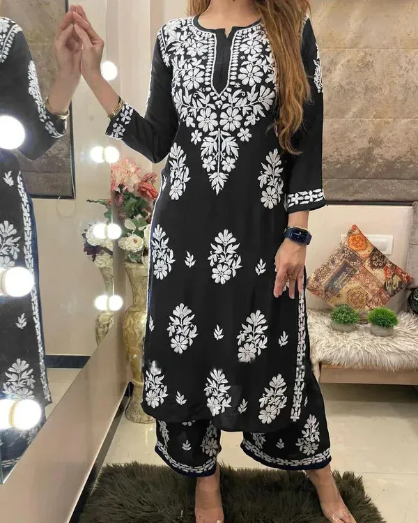 Black_Rayon_Cotton_Chikankari_Kurta_With_Palazzo_For_Women