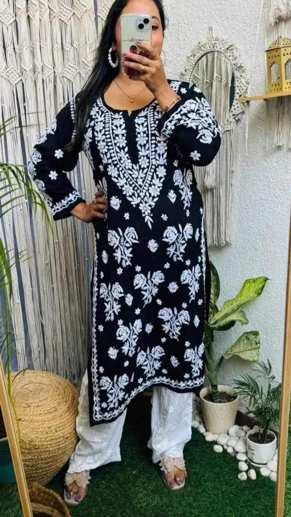 Black_Pure_Rayon_Rose_Modal_Kurti_With_Heavy_Work_On_Daman_And_Sleeves_And_Plazzo_Set