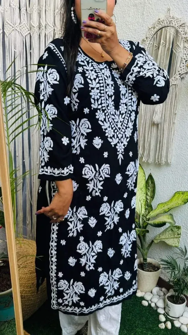 Black_Pure_Rayon_Rose_Modal_Kurti_With_Heavy_Work_On_Daman_And_Sleeves_And_Plazzo_Set
