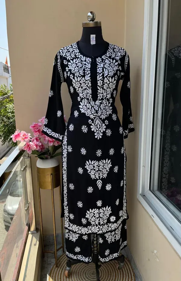 Black_Long_Chikankari_Work_Latest_Rayon_Kurti_Wirh_Plazo_Set