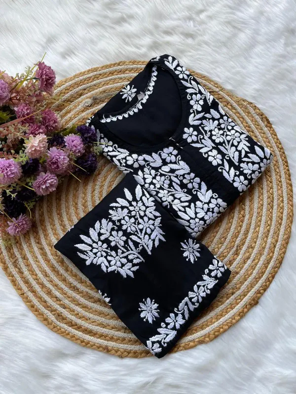 Black_Long_Chikankari_Work_Latest_Rayon_Kurti_Wirh_Plazo_Set