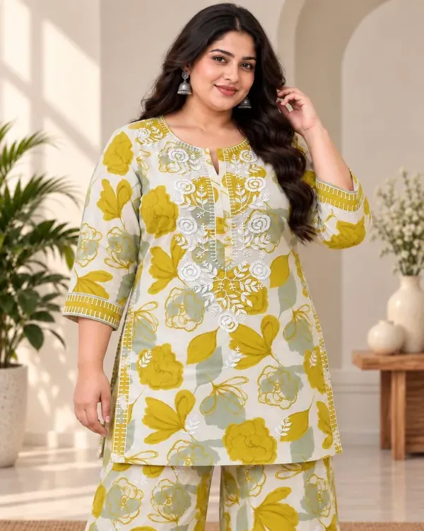 Lemon_Designer_Cotton_Printed_Chikankari_Work_Kurta_And_Plazzo_Set