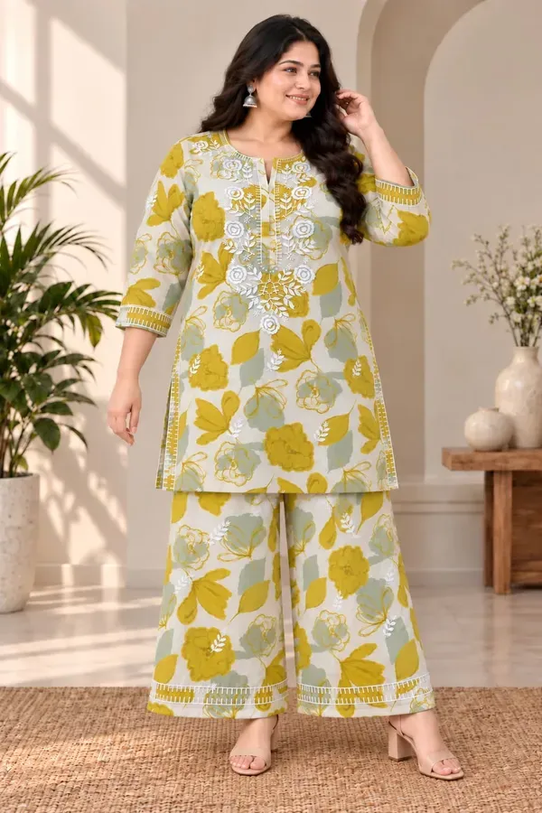 Lemon_Designer_Cotton_Printed_Chikankari_Work_Kurta_And_Plazzo_Set