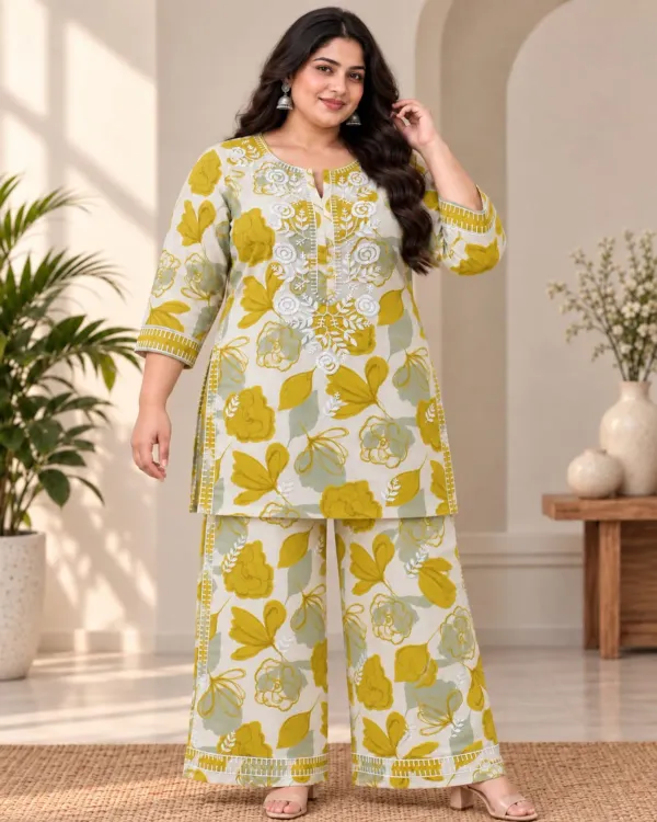 Lemon_Designer_Cotton_Printed_Chikankari_Work_Kurta_And_Plazzo_Set