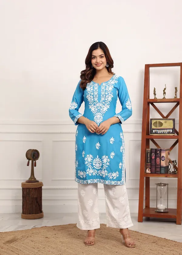 D_Sky_Elegant_Chikankari_Below_Knee_Length_Kurti_Plazo_Set_Perfect_For_All_Occasion