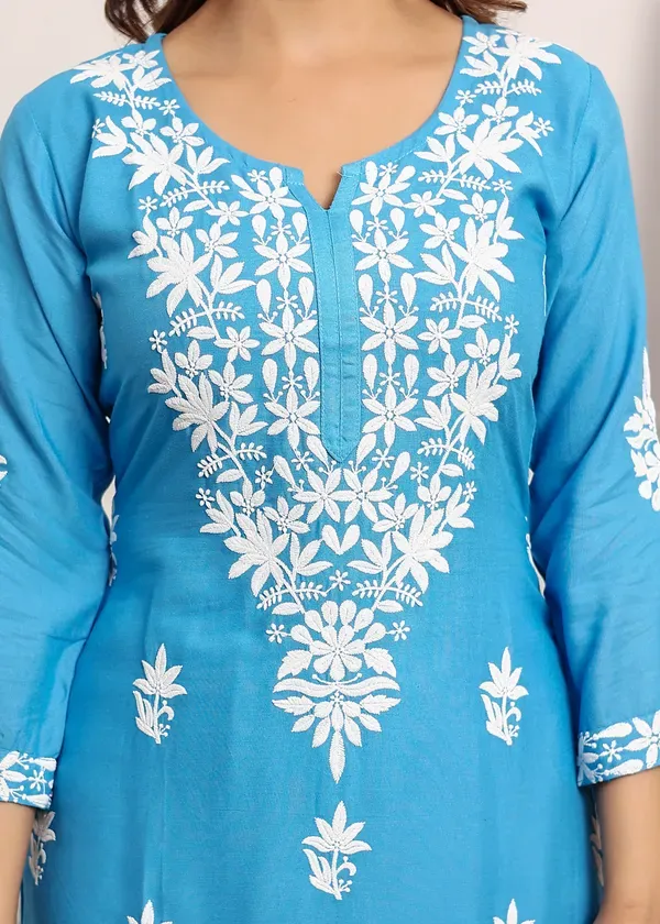 D_Sky_Elegant_Chikankari_Below_Knee_Length_Kurti_Plazo_Set_Perfect_For_All_Occasion