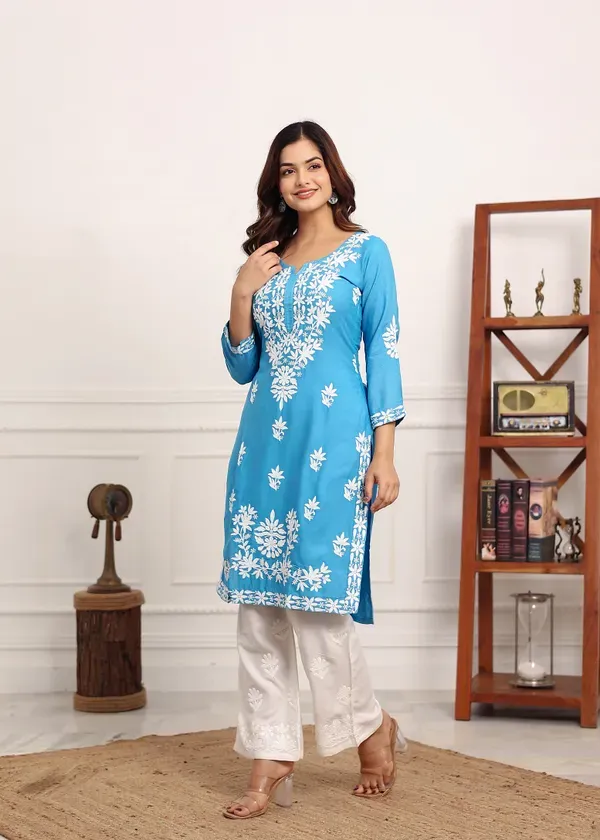 D_Sky_Elegant_Chikankari_Below_Knee_Length_Kurti_Plazo_Set_Perfect_For_All_Occasion