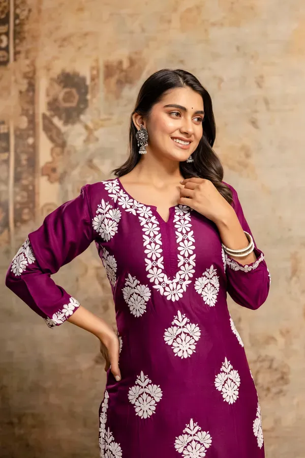 Wine_Floral_Embroidered_Round_Neck_Chikankari_Straight_Kurta_With_Palazzos