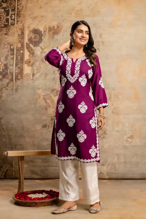Wine_Floral_Embroidered_Round_Neck_Chikankari_Straight_Kurta_With_Palazzos
