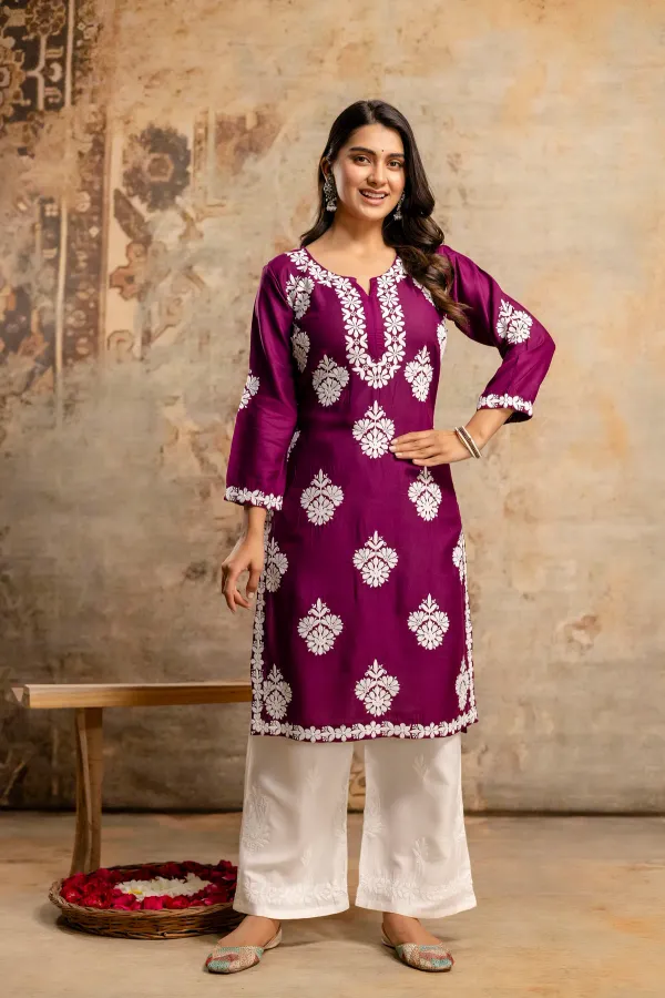 Wine_Floral_Embroidered_Round_Neck_Chikankari_Straight_Kurta_With_Palazzos